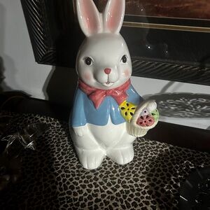 Charming White Ceramic Bunny Figurine with Blue Jacket